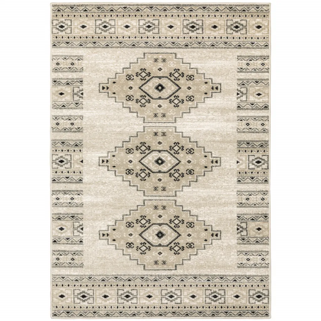 10' X 13' Ivory Grey Black And Ivory Southwestern Power Loom Stain Resistant Area Rug