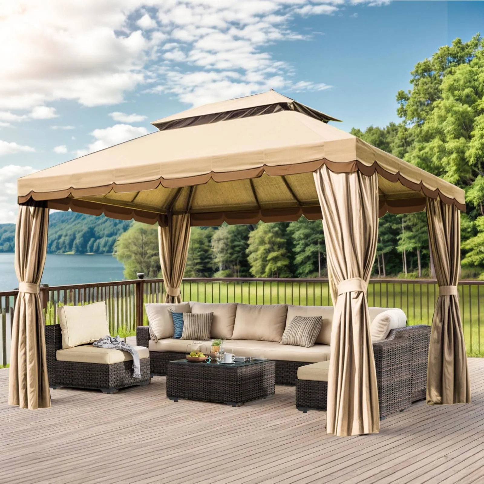 10'×13' Outdoor Gazebo, Patio Gazebo Canopy Tent Heavy Duty with Double Hard Top Roofs, Gazebo Tent Canopy with Mosquito Netting and Privacy Screen Curtains for Deck Backyard Lawn and Garden (Beige)