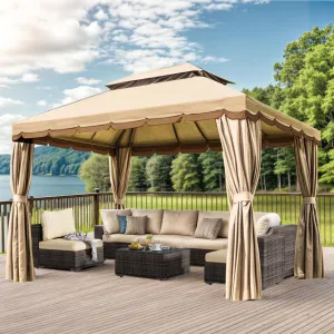 10'×13' Outdoor Gazebo, Patio Gazebo Canopy Tent Heavy Duty with Double Hard Top Roofs, Gazebo Tent Canopy with Mosquito Netting and Privacy Screen Curtains for Deck Backyard Lawn and Garden (Beige)