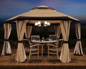 10'x10' Gazebos for Patios Outdoor Hexagonal Gazebo with Netting and Privacy Curtains by ABCCANOPY Beige