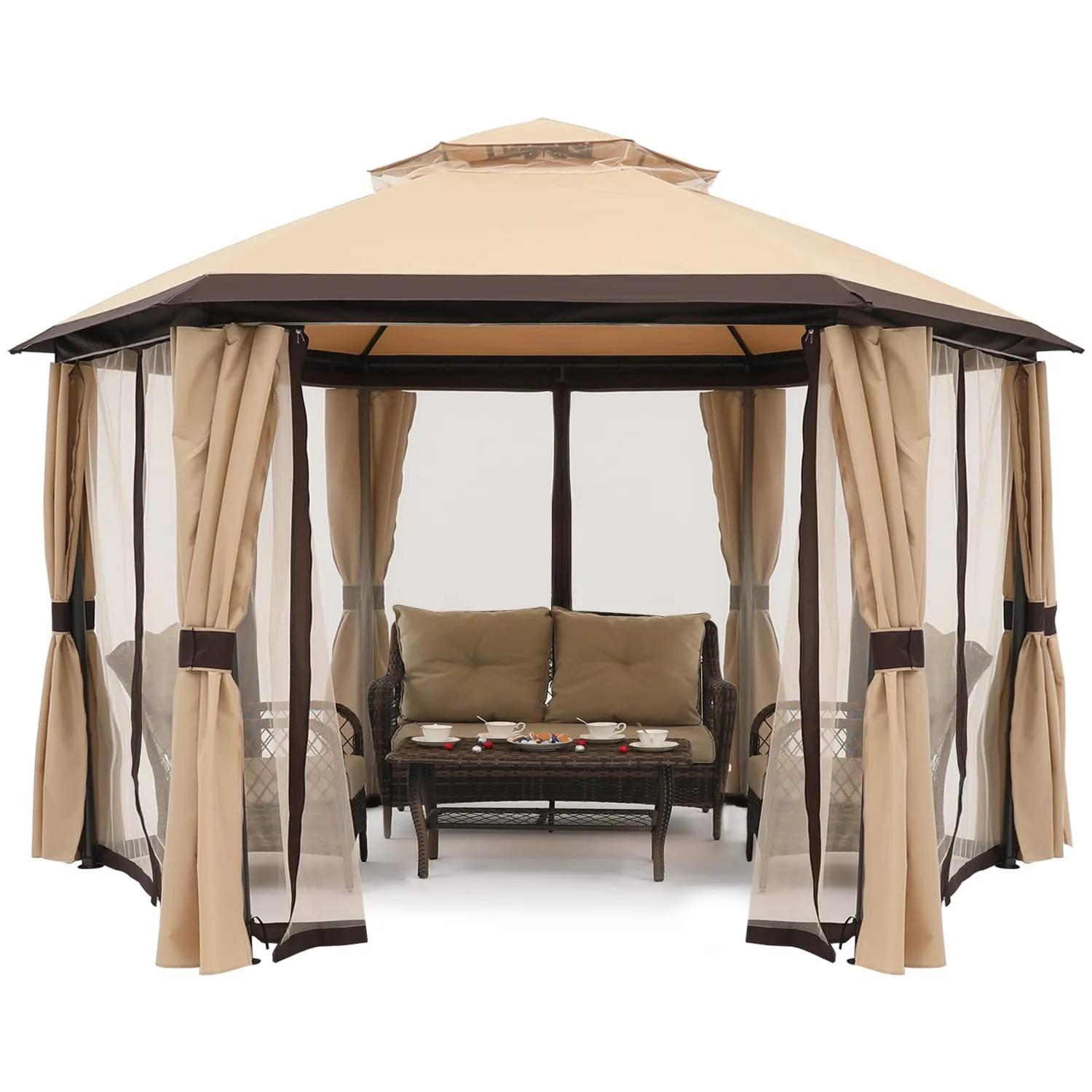 10'x10' Gazebos for Patios Outdoor Hexagonal Gazebo with Netting and Privacy Curtains by ABCCANOPY Beige