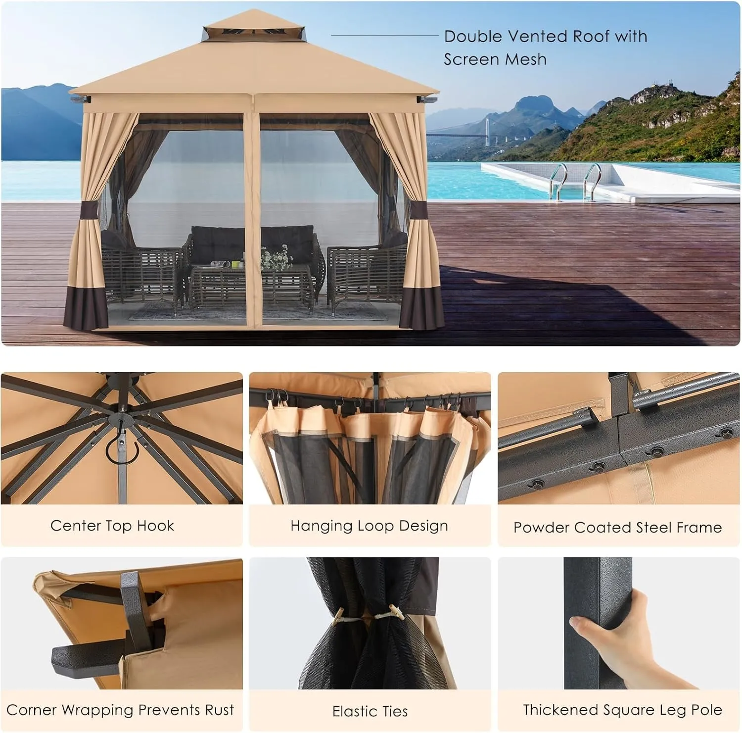 10X10Ft Outdoor Patio Gazebo with Double Roofs, Mosquito Netting and Privacy Screens for Backyard, Garden, Lawn, Beige