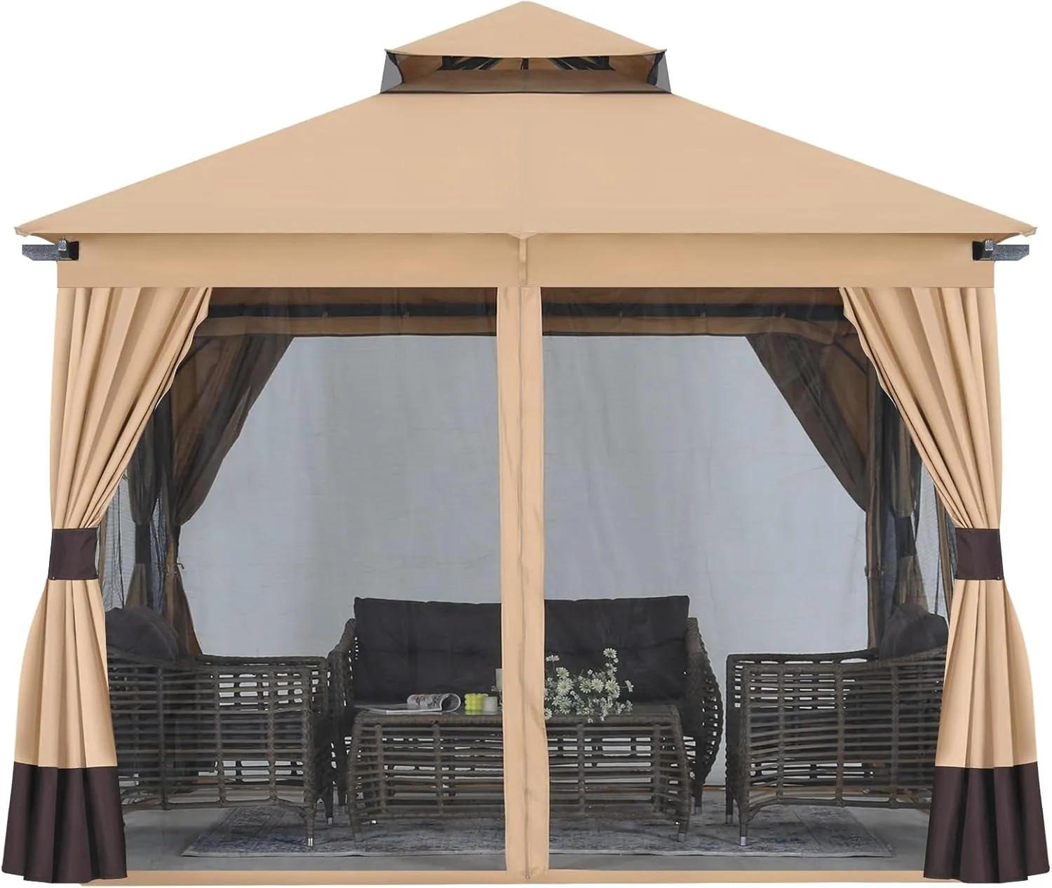 10X10Ft Outdoor Patio Gazebo with Double Roofs, Mosquito Netting and Privacy Screens for Backyard, Garden, Lawn, Beige