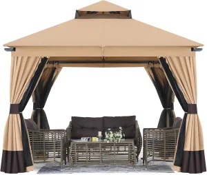 10X10Ft Outdoor Patio Gazebo with Double Roofs, Mosquito Netting and Privacy Screens for Backyard, Garden, Lawn, Beige
