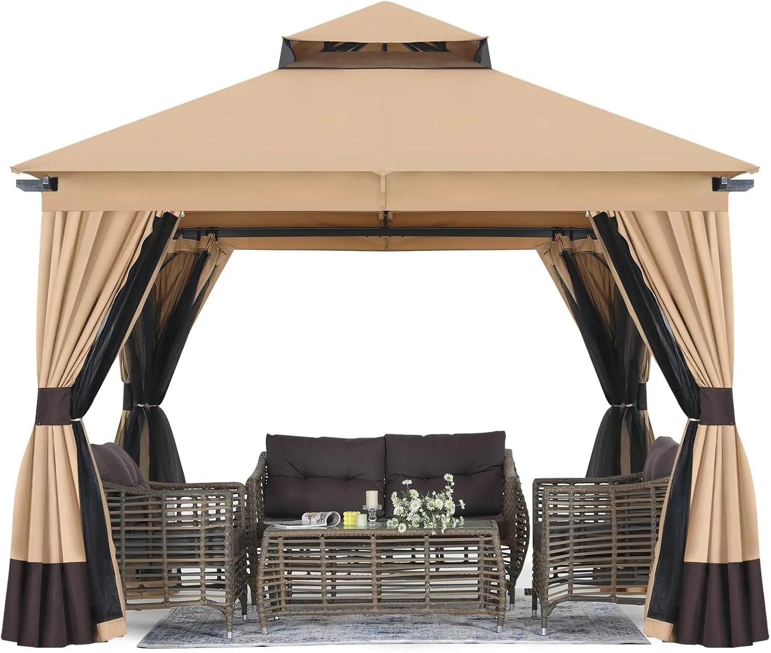 10X10Ft Outdoor Patio Gazebo with Double Roofs, Mosquito Netting and Privacy Screens for Backyard, Garden, Lawn, Beige