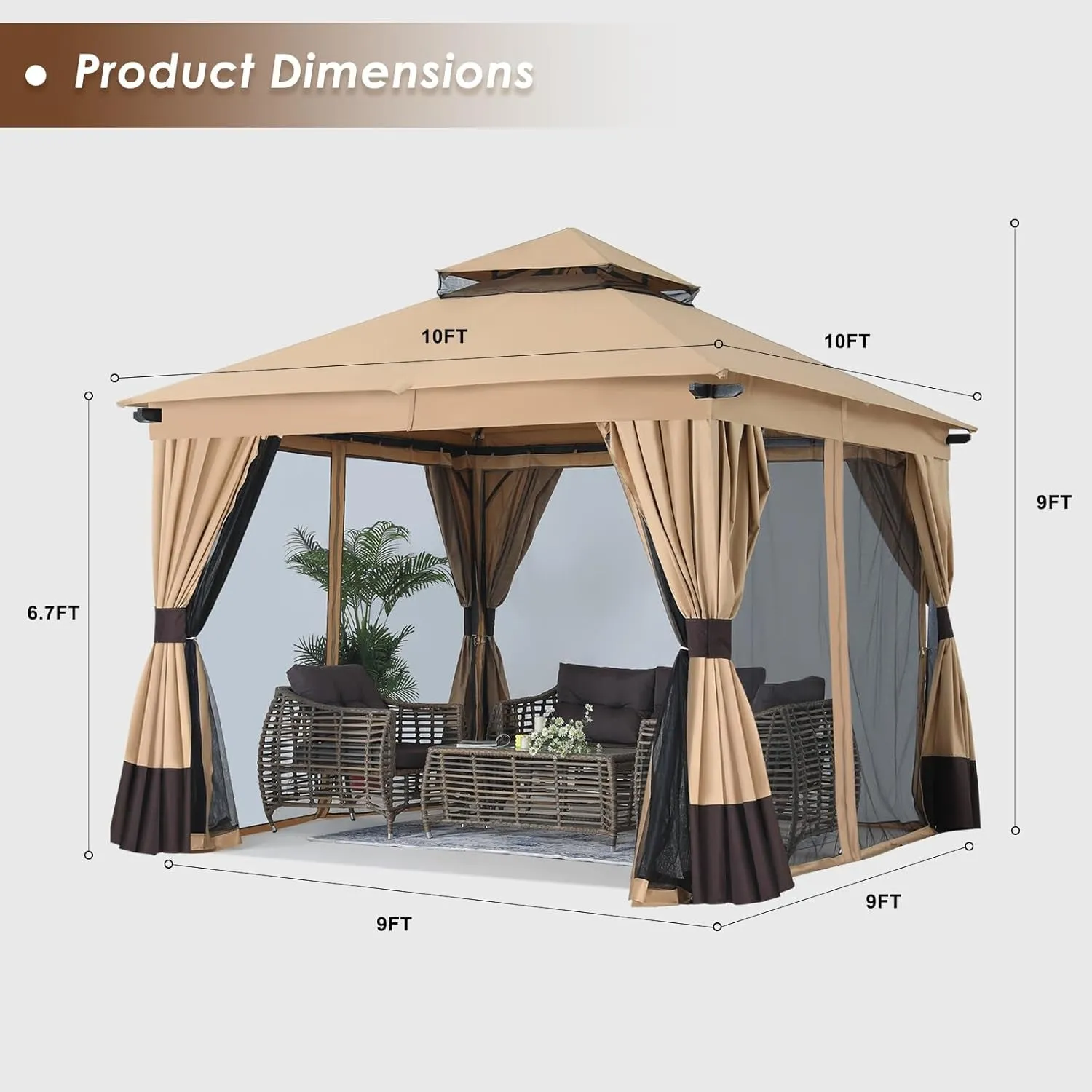 10X10Ft Outdoor Patio Gazebo with Double Roofs, Mosquito Netting and Privacy Screens for Backyard, Garden, Lawn, Beige