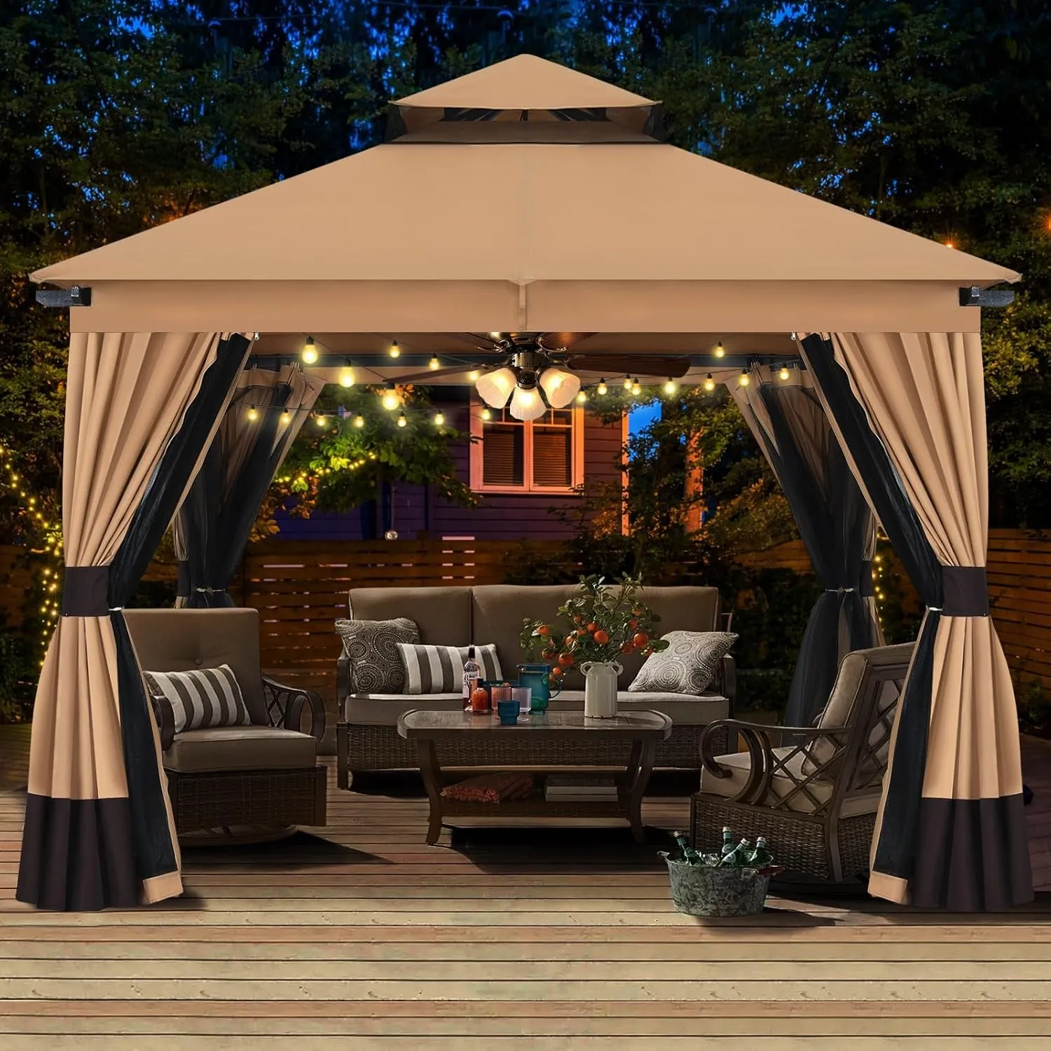10X10Ft Outdoor Patio Gazebo with Double Roofs, Mosquito Netting and Privacy Screens for Backyard, Garden, Lawn, Beige