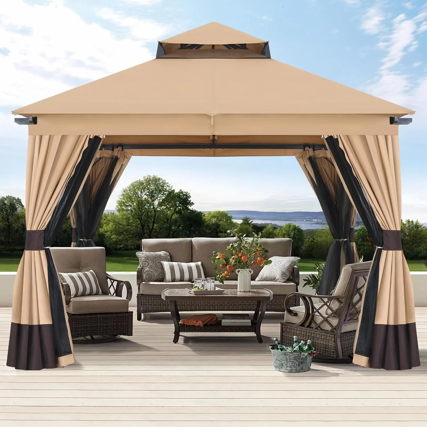 10X10Ft Outdoor Patio Gazebo with Double Roofs, Mosquito Netting and Privacy Screens for Backyard, Garden, Lawn, Beige