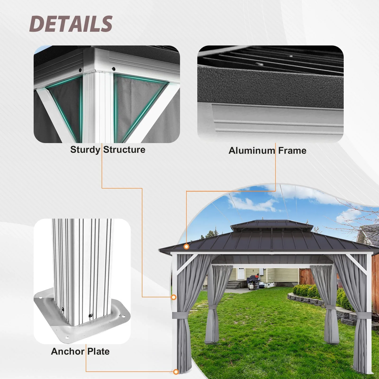 10x12 Hardtop Gazebo, Galvanized Steel Double Roof with Aluminum Frame