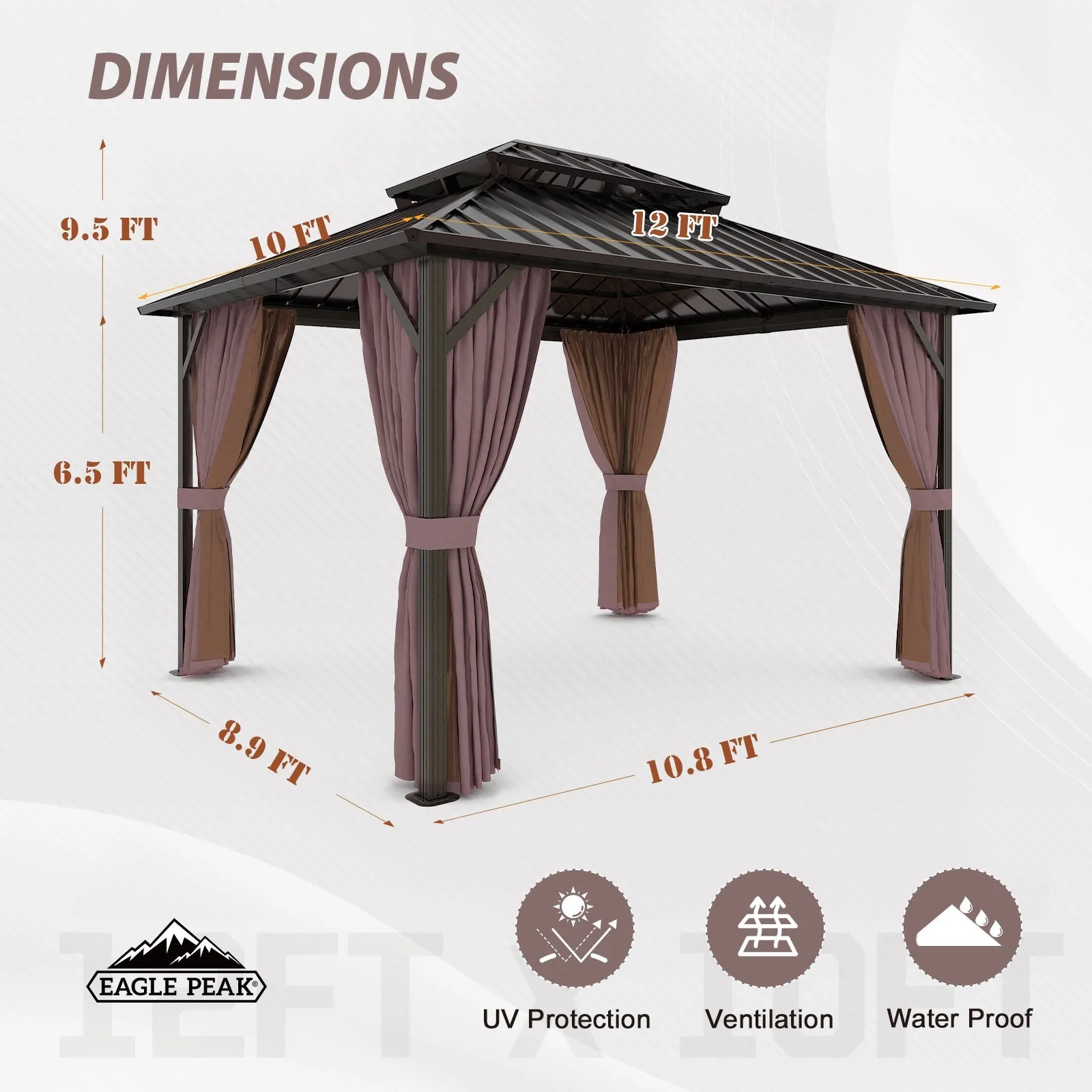 10x12 Hardtop Gazebo, Galvanized Steel Double Roof with Aluminum Frame
