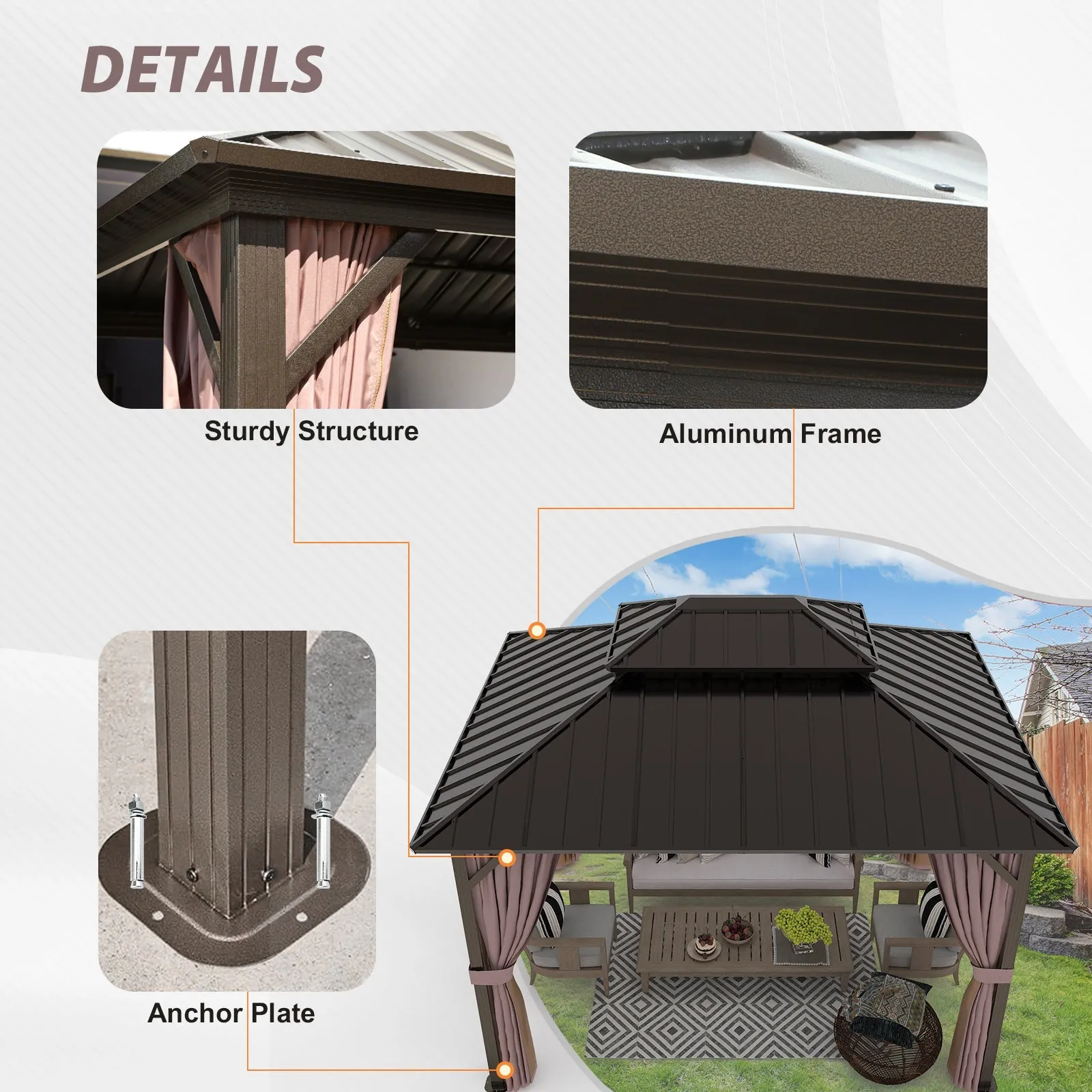 10x12 Hardtop Gazebo, Galvanized Steel Double Roof with Aluminum Frame