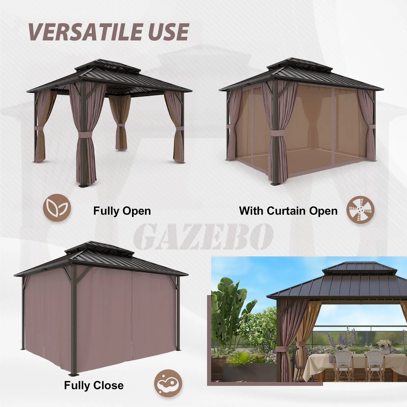10x12 Hardtop Gazebo, Galvanized Steel Double Roof with Aluminum Frame