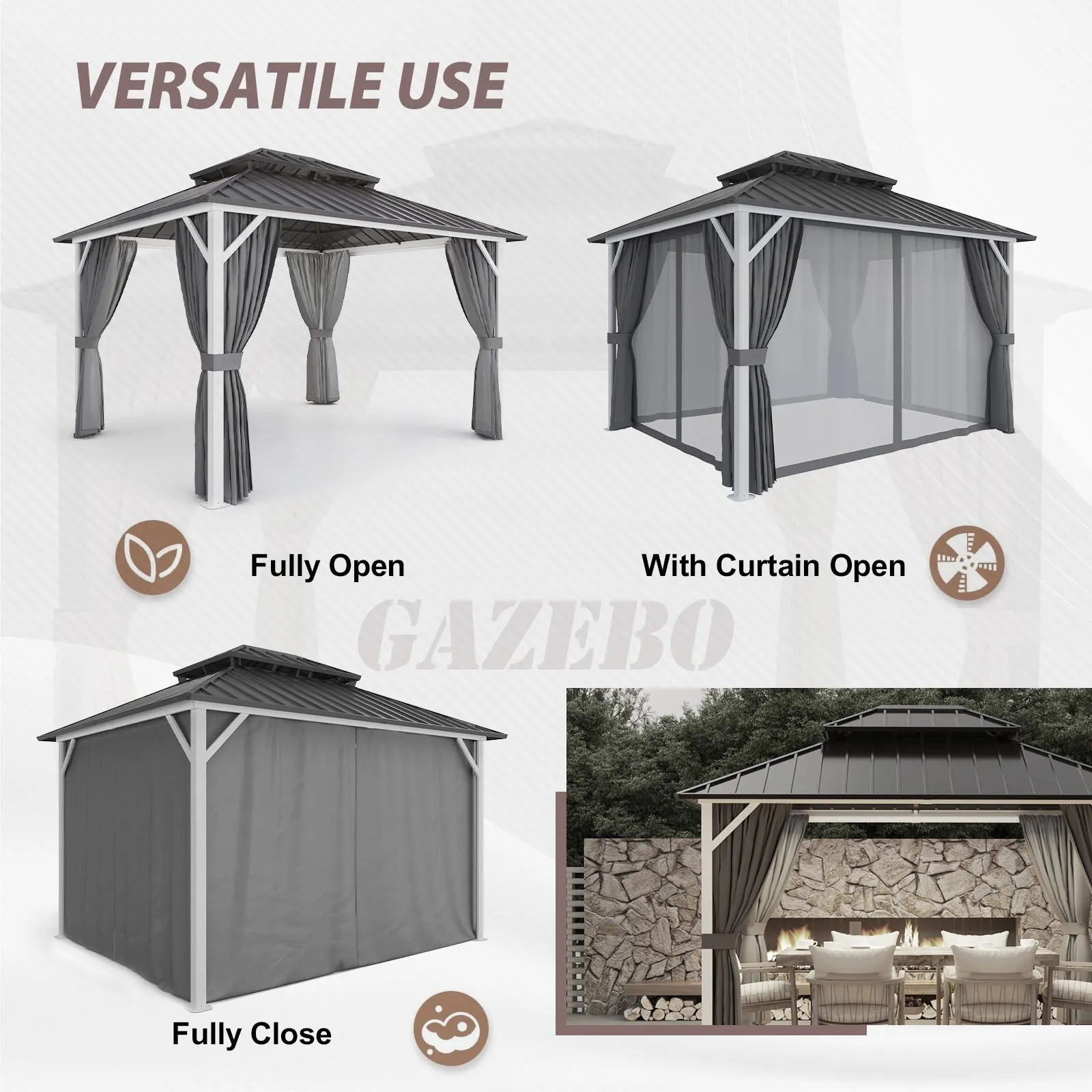 10x12 Hardtop Gazebo, Galvanized Steel Double Roof with Aluminum Frame