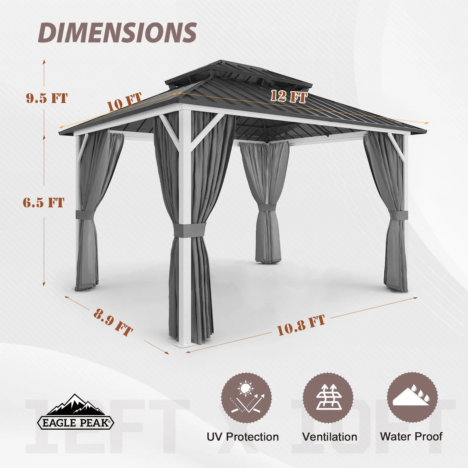 10x12 Hardtop Gazebo, Galvanized Steel Double Roof with Aluminum Frame