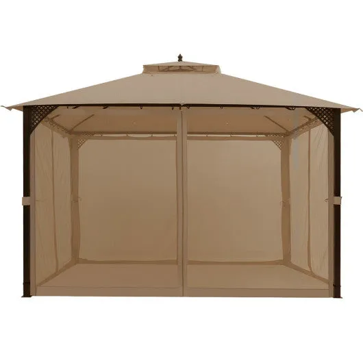 12 x 10 Feet Outdoor Double Top Patio Gazebo with Netting-Brown