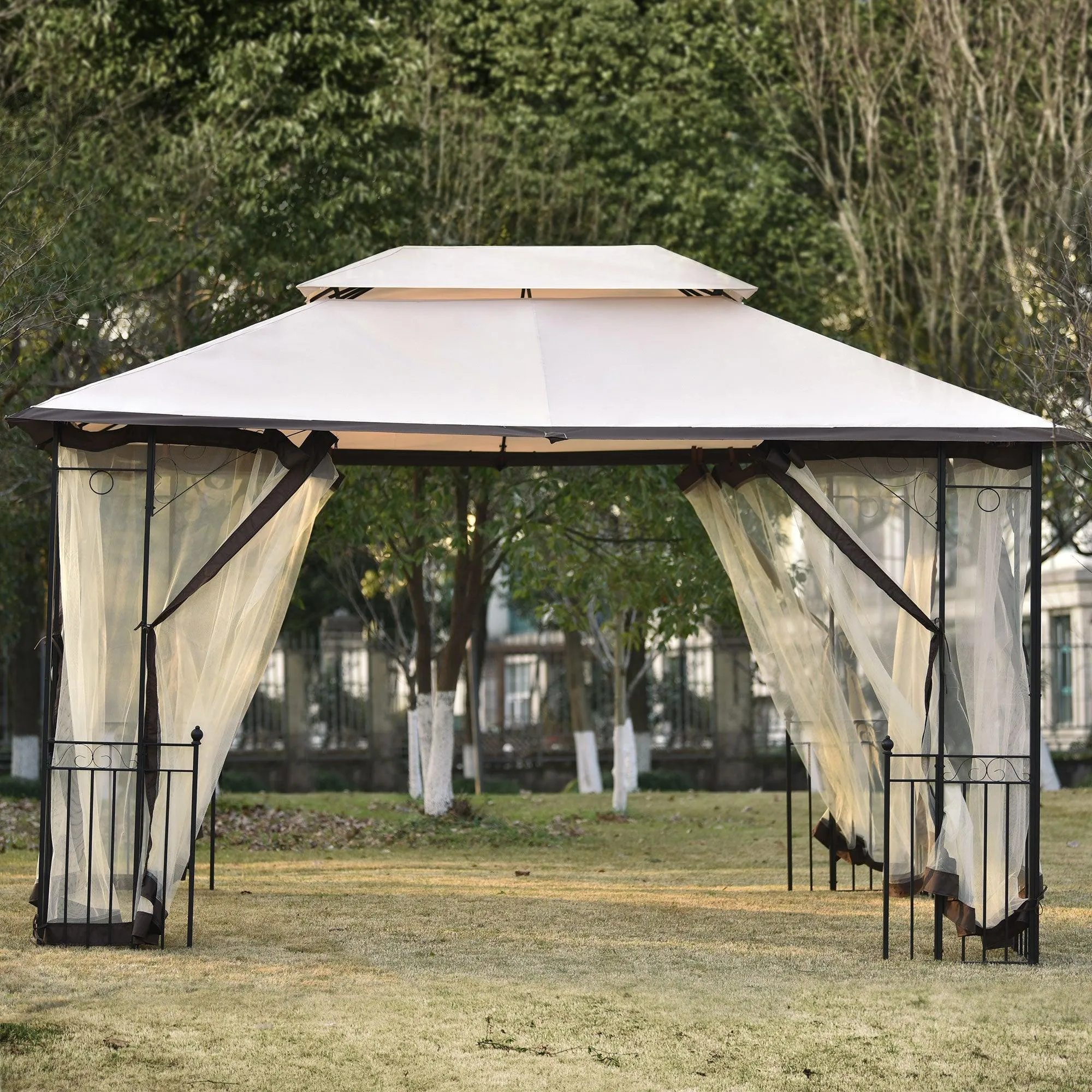 13 Ft. W x 9.7 Ft. D Iron Patio Outdoor Gazebo, Double Roof Soft Canopy Garden Backyard Gazebo with Mosquito Netting Suitable for Lawn, Garden, Backyard and Deck