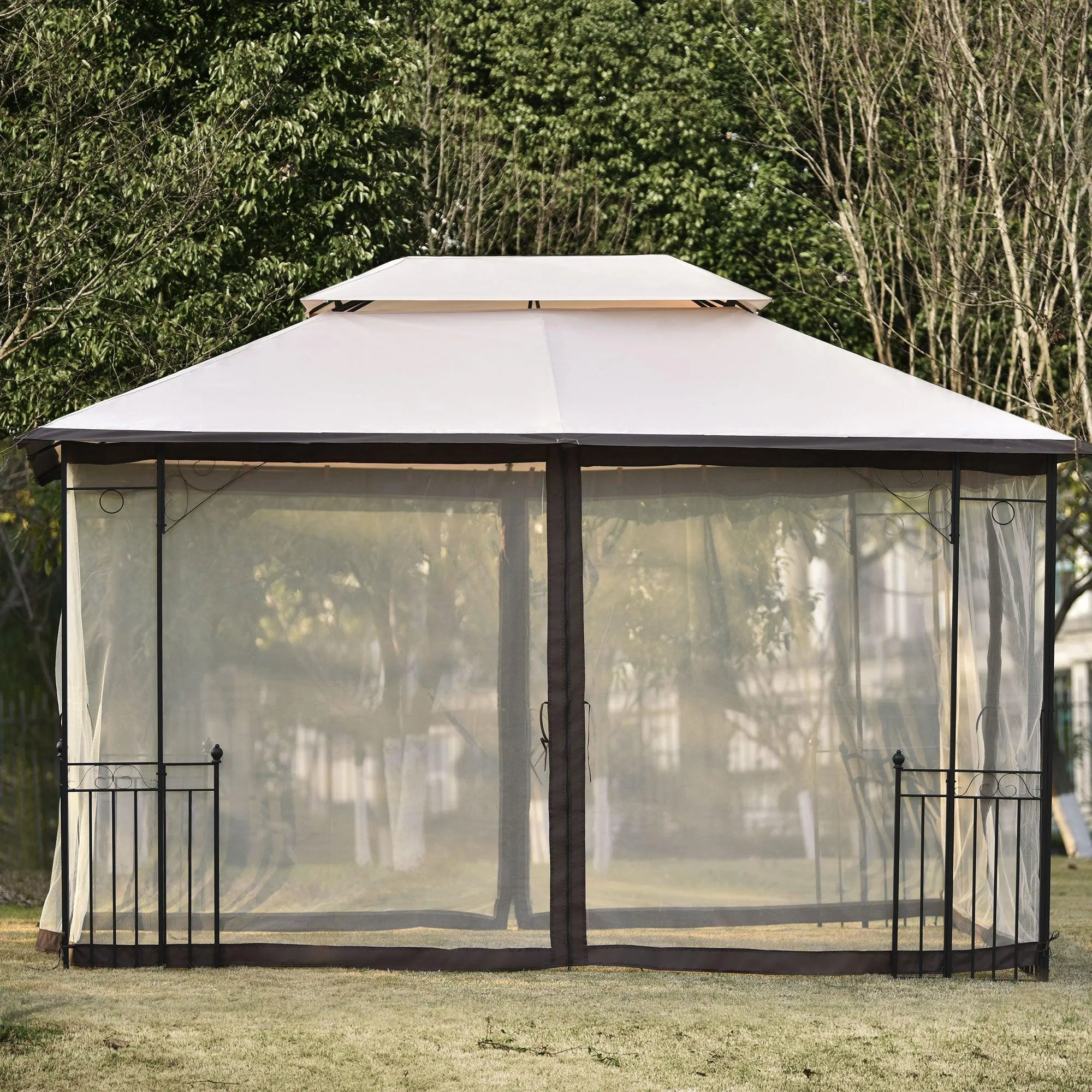 13 Ft. W x 9.7 Ft. D Iron Patio Outdoor Gazebo, Double Roof Soft Canopy Garden Backyard Gazebo with Mosquito Netting Suitable for Lawn, Garden, Backyard and Deck