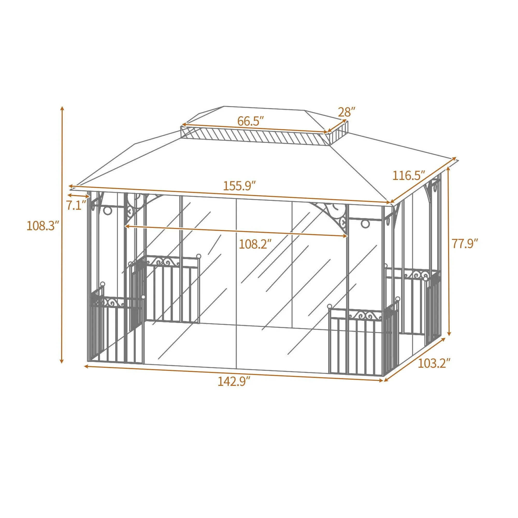 13 Ft. W x 9.7 Ft. D Iron Patio Outdoor Gazebo, Double Roof Soft Canopy Garden Backyard Gazebo with Mosquito Netting Suitable for Lawn, Garden, Backyard and Deck