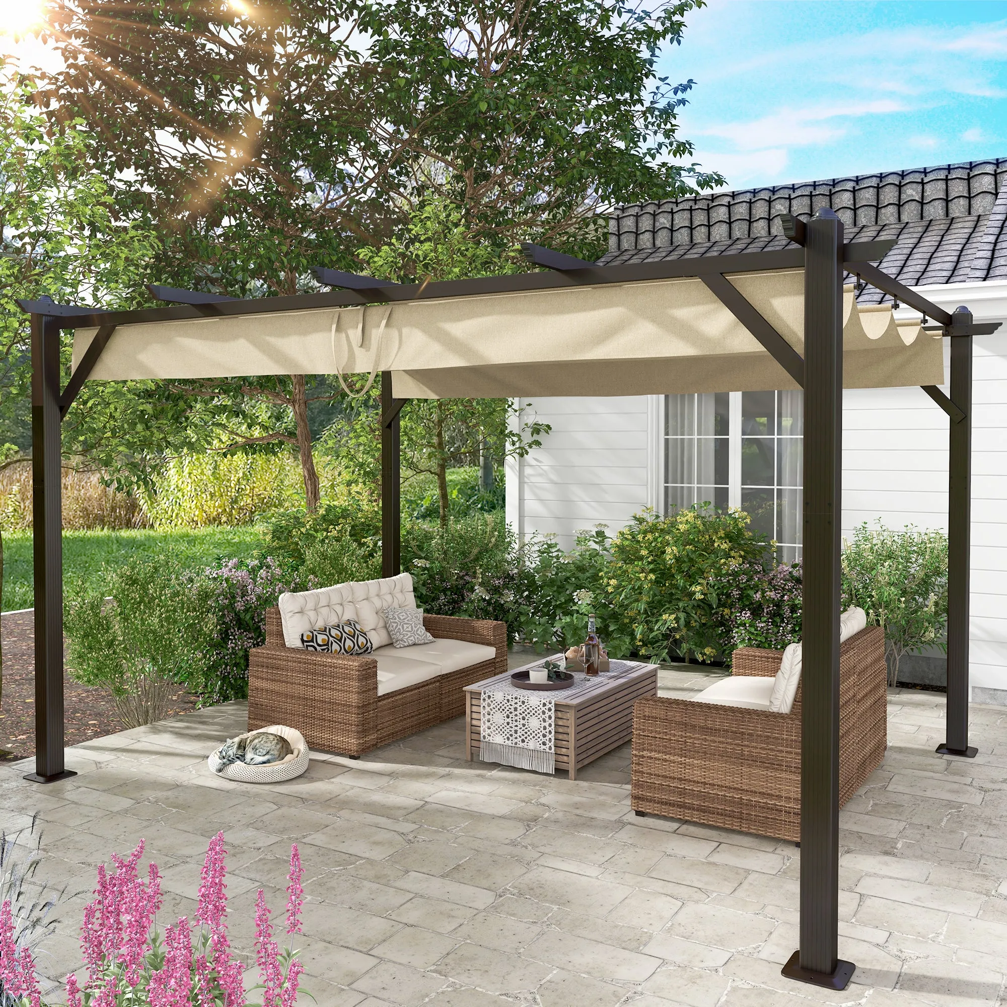 13' X 10' Retractable Pergola, Patio Gazebo Grape Trellis with Removable Sun Shade Canopy（Khaki）