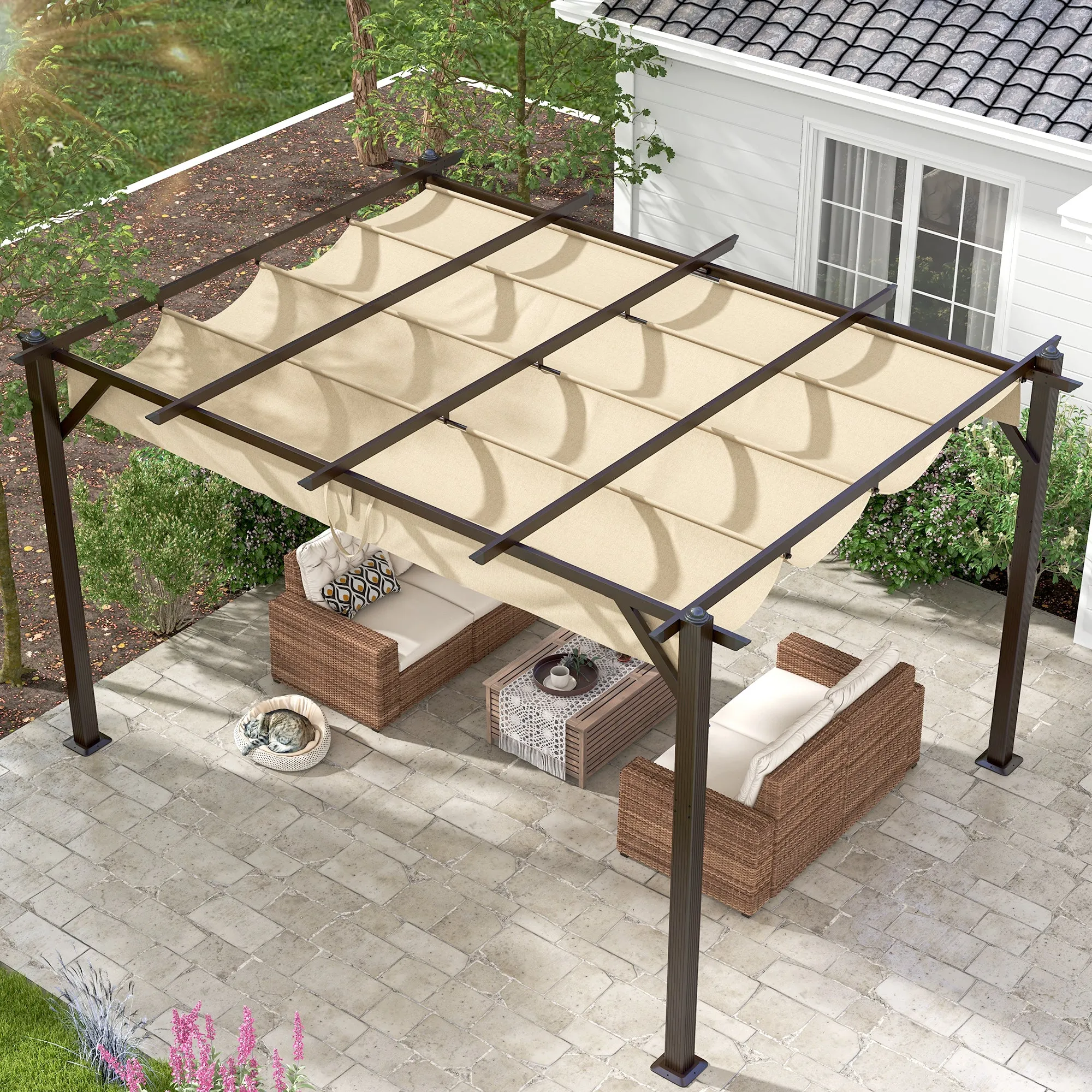 13' X 10' Retractable Pergola, Patio Gazebo Grape Trellis with Removable Sun Shade Canopy（Khaki）