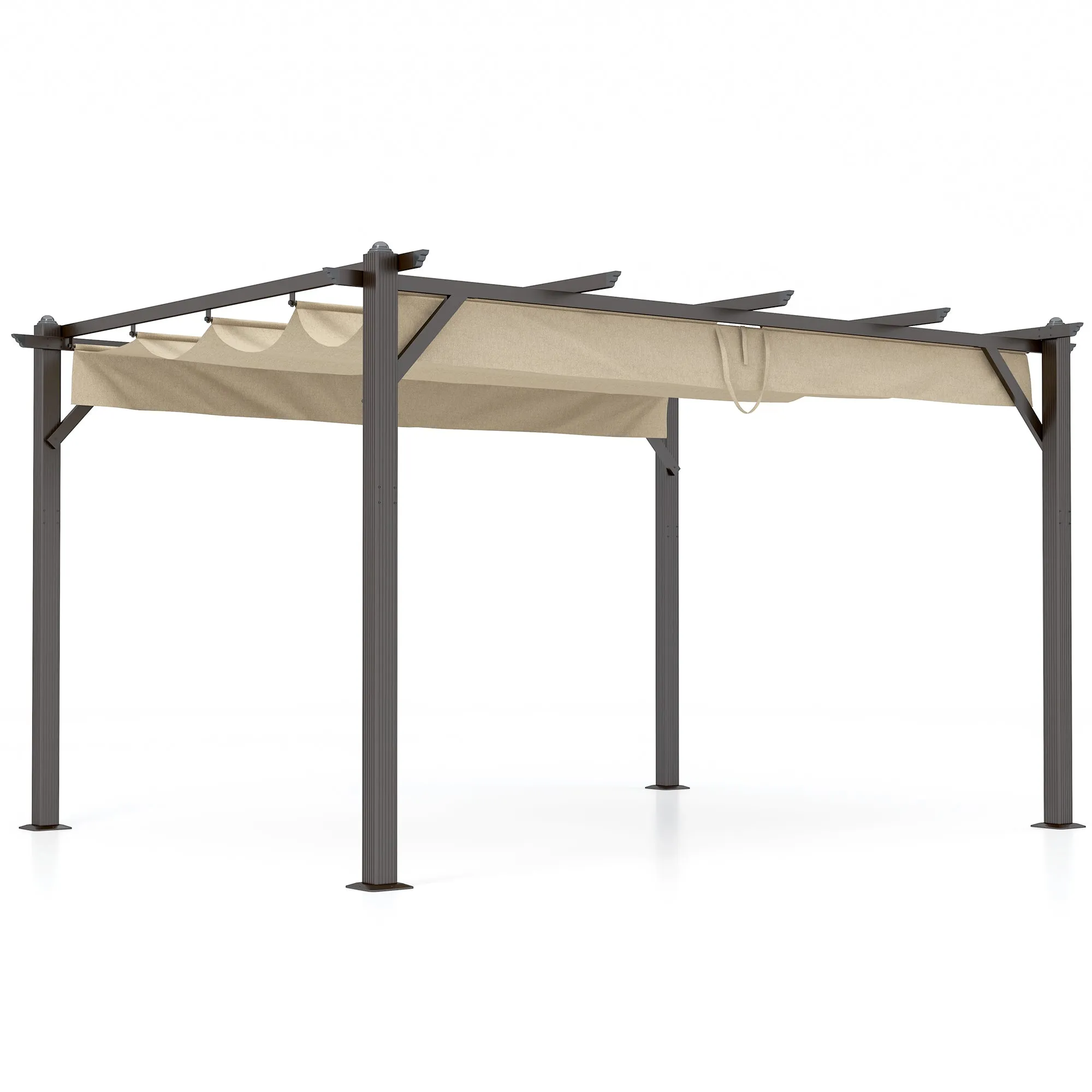 13' X 10' Retractable Pergola, Patio Gazebo Grape Trellis with Removable Sun Shade Canopy（Khaki）
