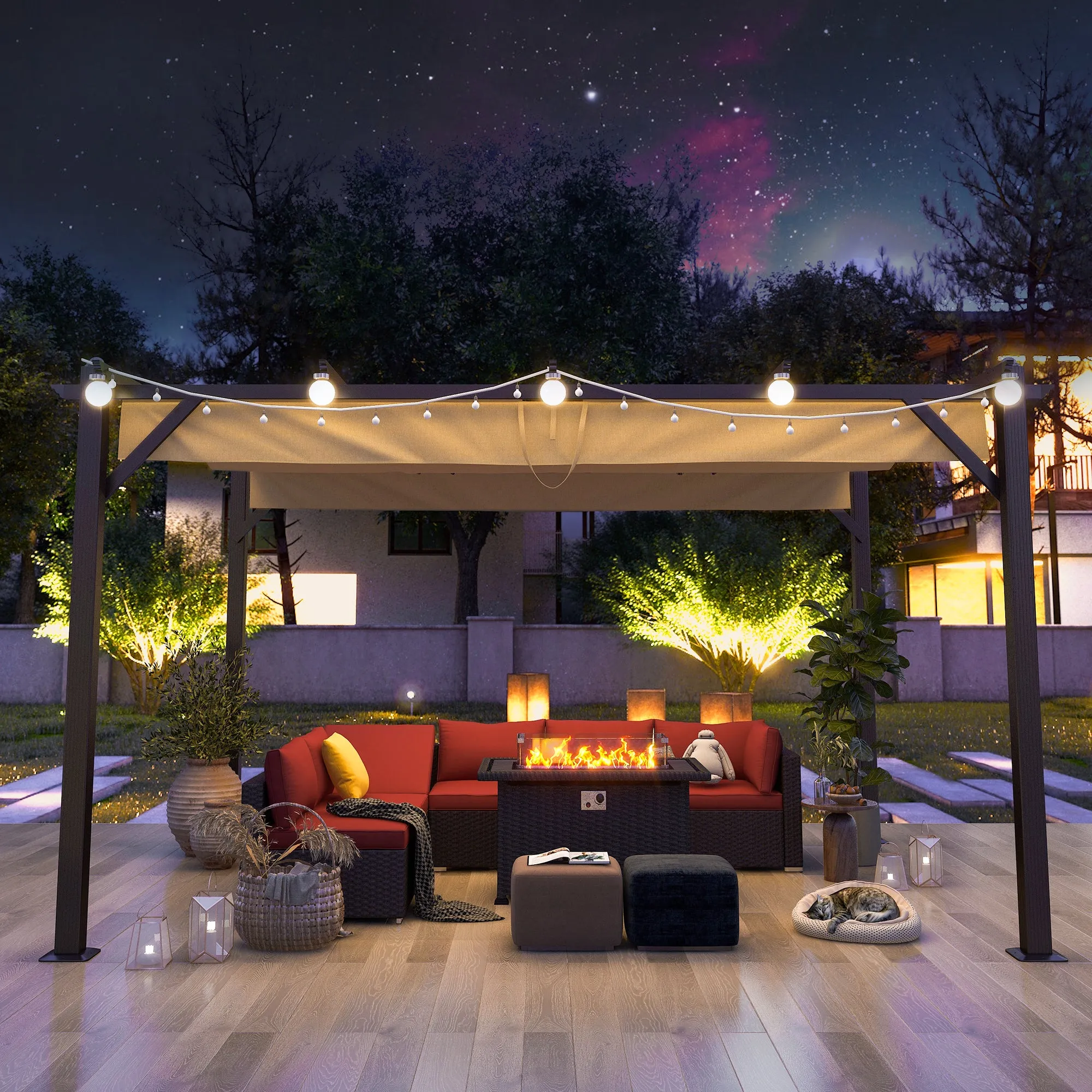 13' X 10' Retractable Pergola, Patio Gazebo Grape Trellis with Removable Sun Shade Canopy（Khaki）