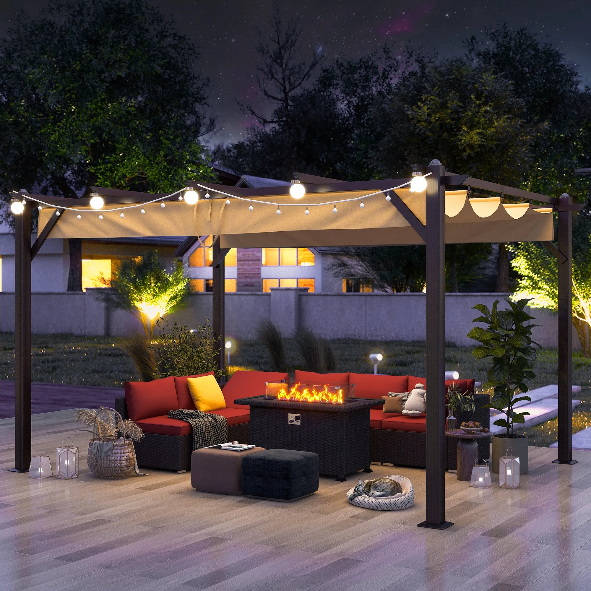 13' X 10' Retractable Pergola, Patio Gazebo Grape Trellis with Removable Sun Shade Canopy（Khaki）