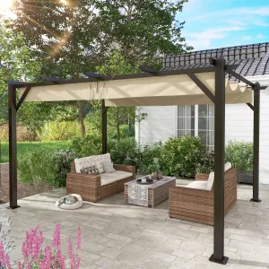 13' X 10' Retractable Pergola, Patio Gazebo Grape Trellis with Removable Sun Shade Canopy（Khaki）