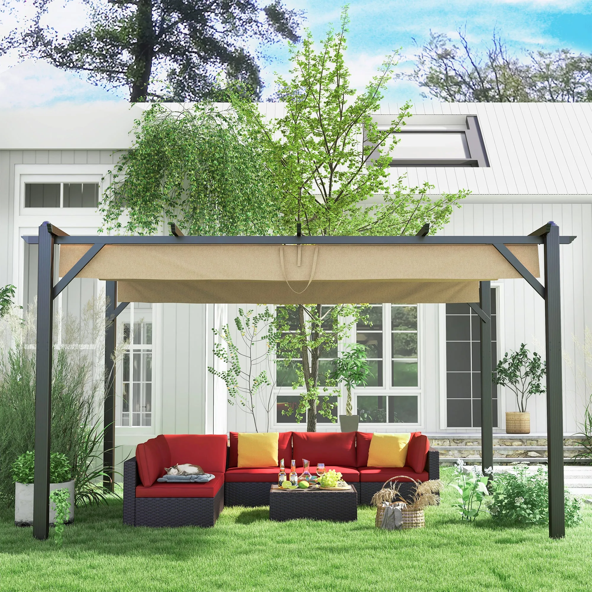 13' X 10' Retractable Pergola, Patio Gazebo Grape Trellis with Removable Sun Shade Canopy（Khaki）
