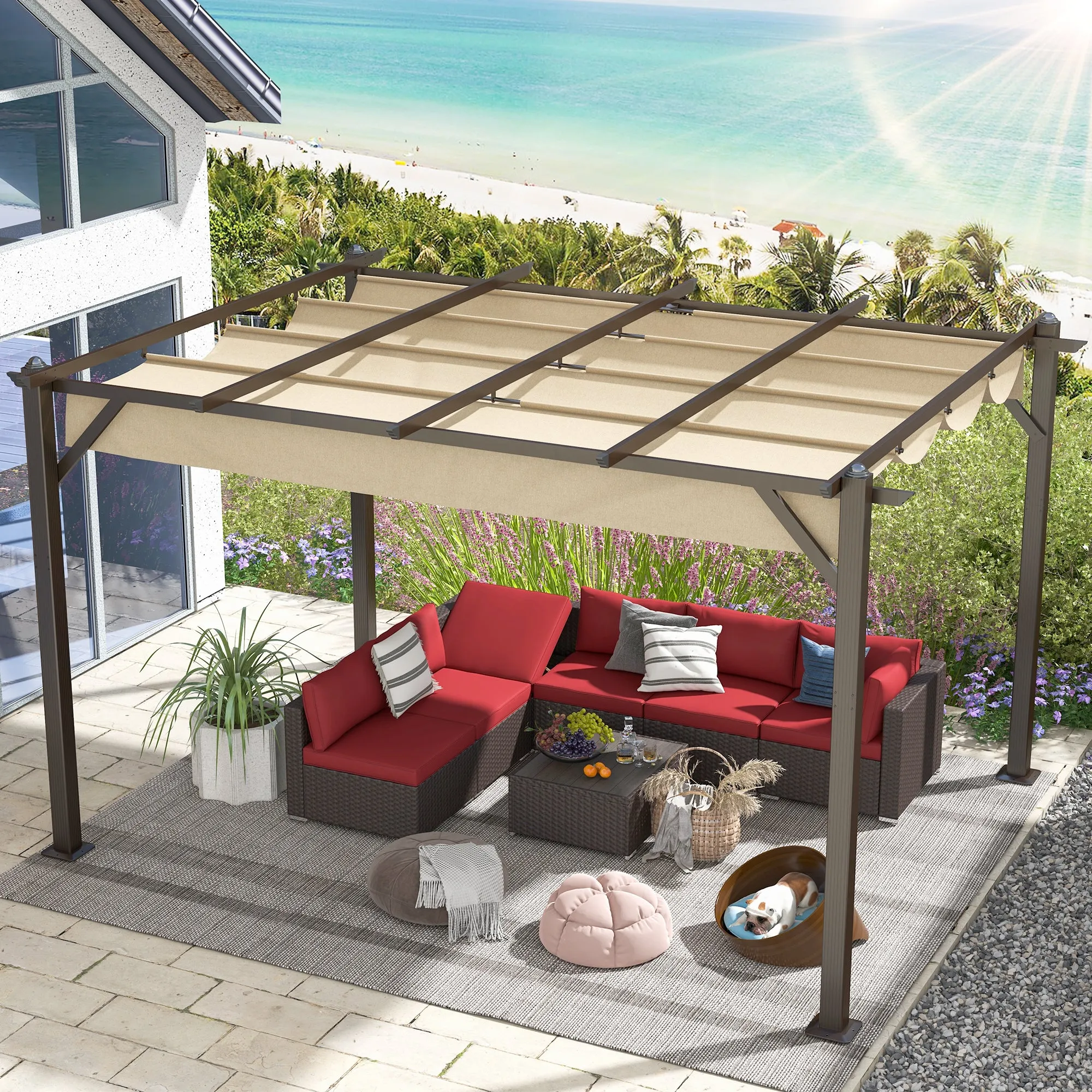 13' X 10' Retractable Pergola, Patio Gazebo Grape Trellis with Removable Sun Shade Canopy（Khaki）