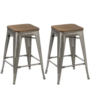 24" inch Metal Vintage Gunmetal Distressed Bar Stool Modern Wood top seat- 2