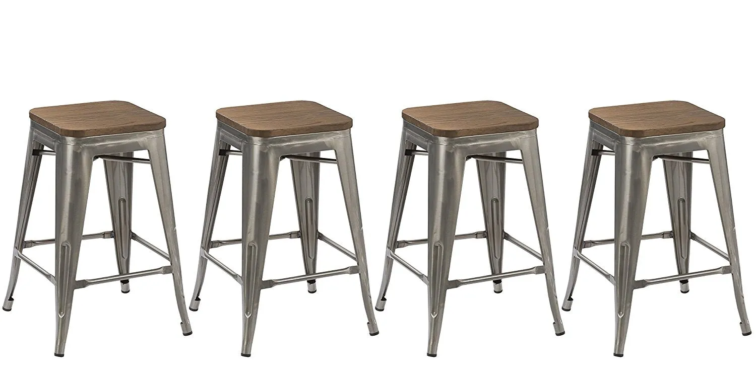 24" inch Metal Vintage Gunmetal Distressed Bar Stool Modern Wood top seat- 2