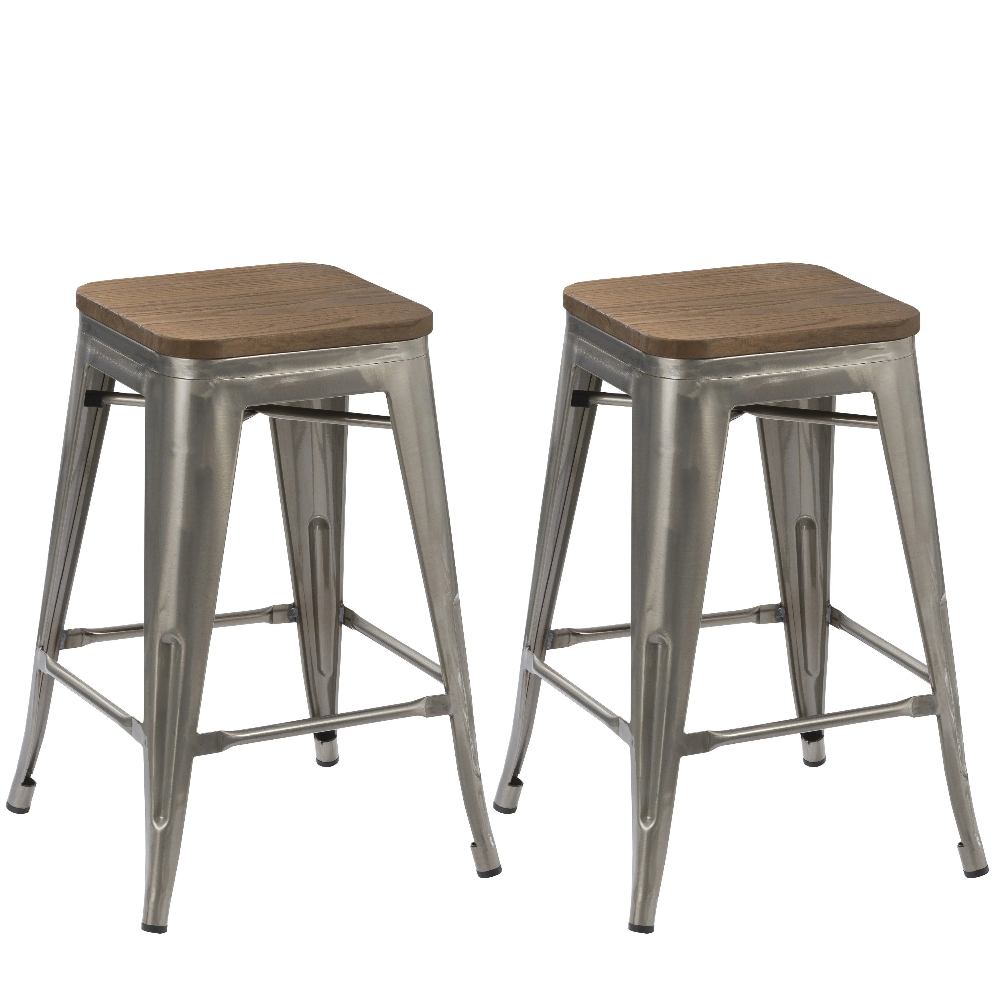 24" inch Metal Vintage Gunmetal Distressed Bar Stool Modern Wood top seat- 2