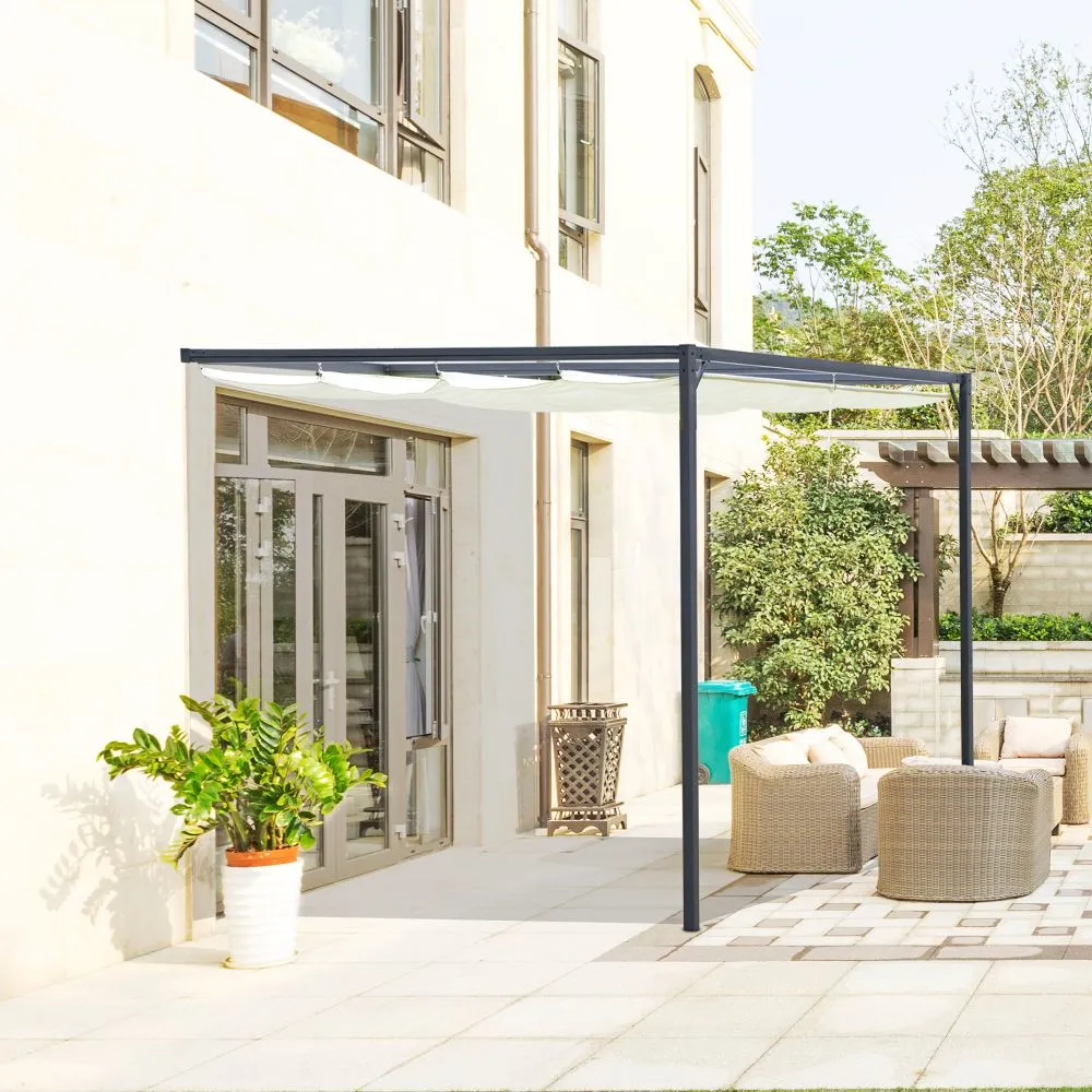 3 x 3m Outdoor Pergola Retractable Canopy Wall Mounted Gazebo Cream Outsunny