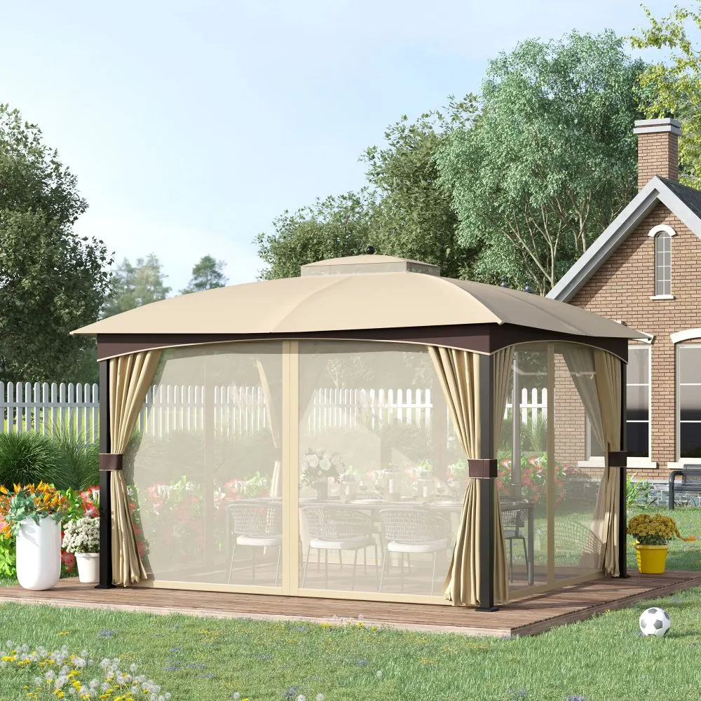 4 x 3m Patio Gazebo, Double Tier Roof, Removable Net Khaki