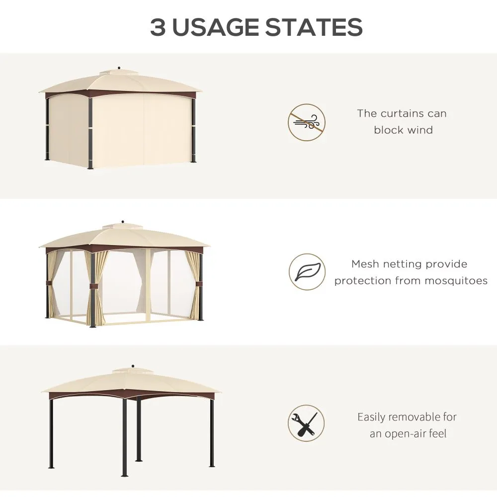 4 x 3m Patio Gazebo, Double Tier Roof, Removable Net Khaki