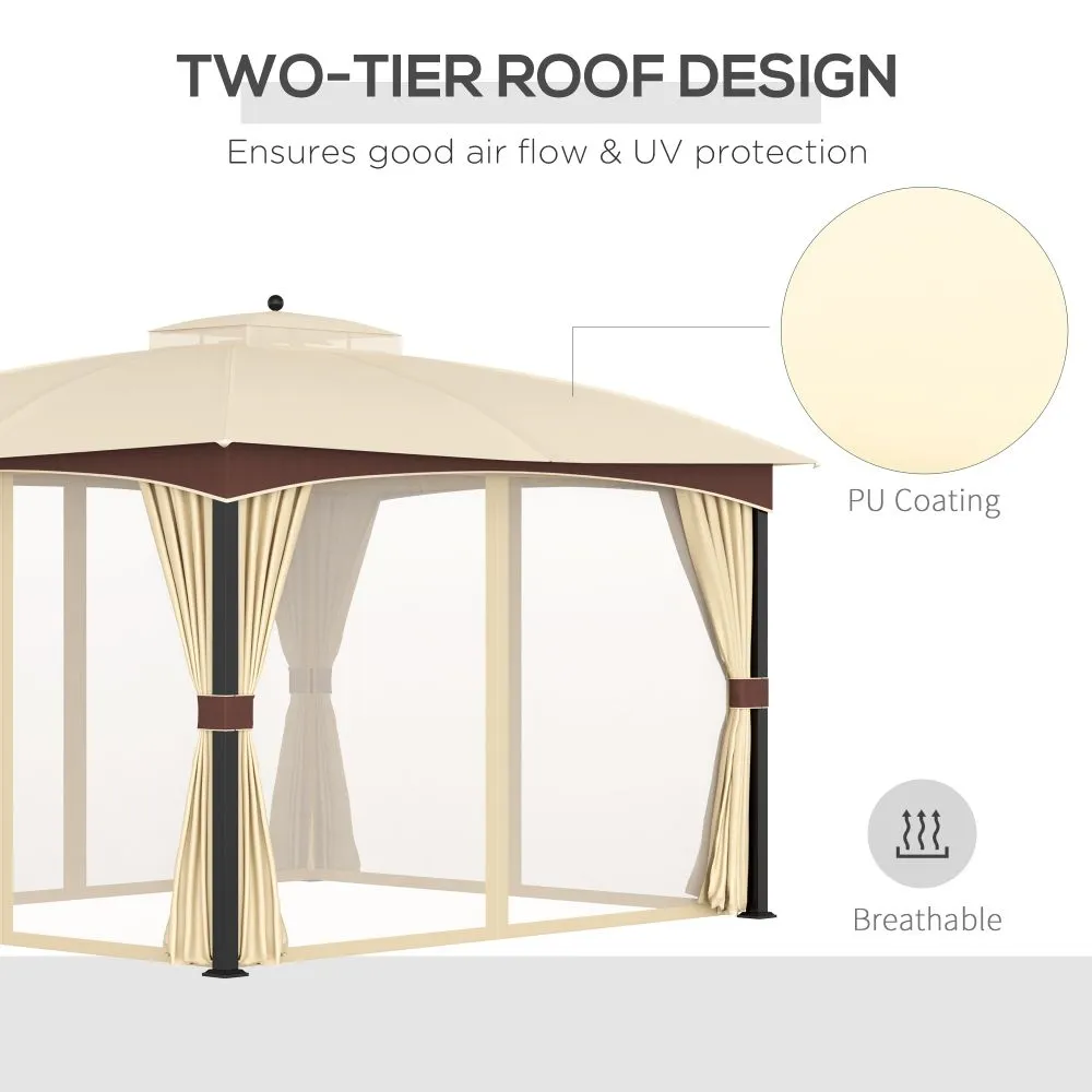 4 x 3m Patio Gazebo, Double Tier Roof, Removable Net Khaki