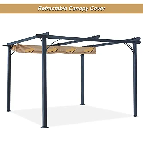 ABCCANOPY 10 x 10 Steel Retractable Pergola Gazebo, Weather-Resistant Rip-Lock Canopy for Your Patio Garden Yard, Khaki