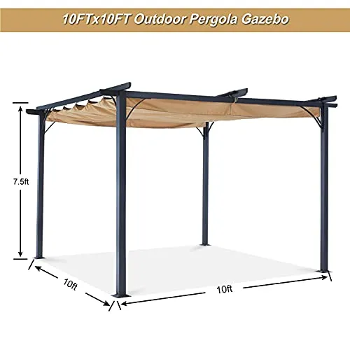 ABCCANOPY 10 x 10 Steel Retractable Pergola Gazebo, Weather-Resistant Rip-Lock Canopy for Your Patio Garden Yard, Khaki