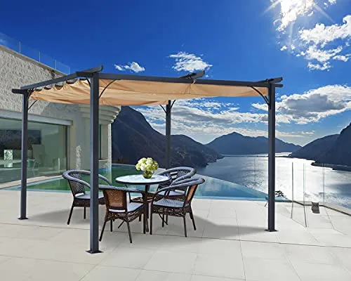 ABCCANOPY 10 x 10 Steel Retractable Pergola Gazebo, Weather-Resistant Rip-Lock Canopy for Your Patio Garden Yard, Khaki