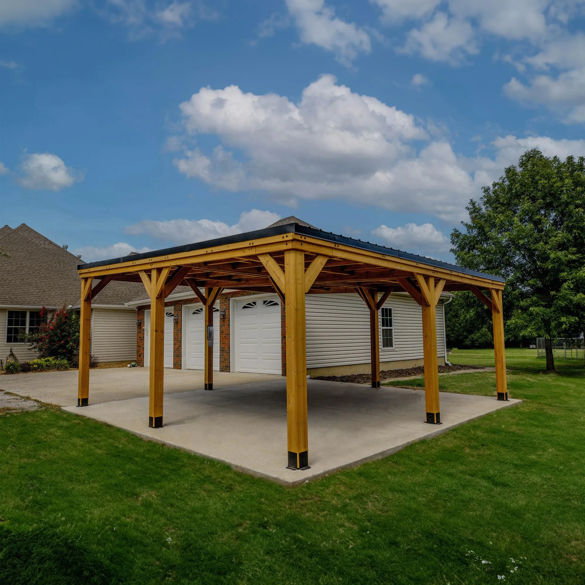 Backyard Discovery Kingsport 20 ft. x 20 ft. All Cedar Wooden Carport Gazebo with Hard Top Steel Roof