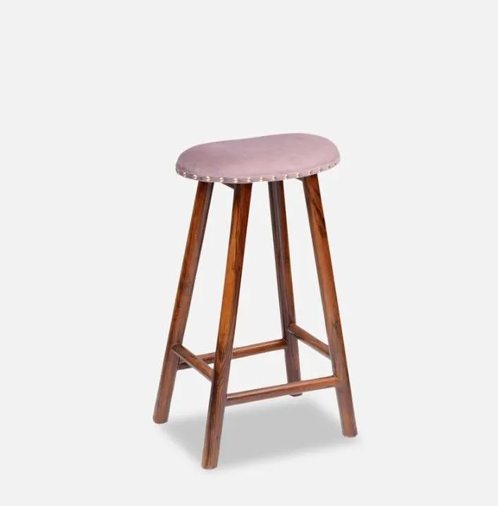 Bayern Mango Wood Bar Stool In Velvet Pink Colour