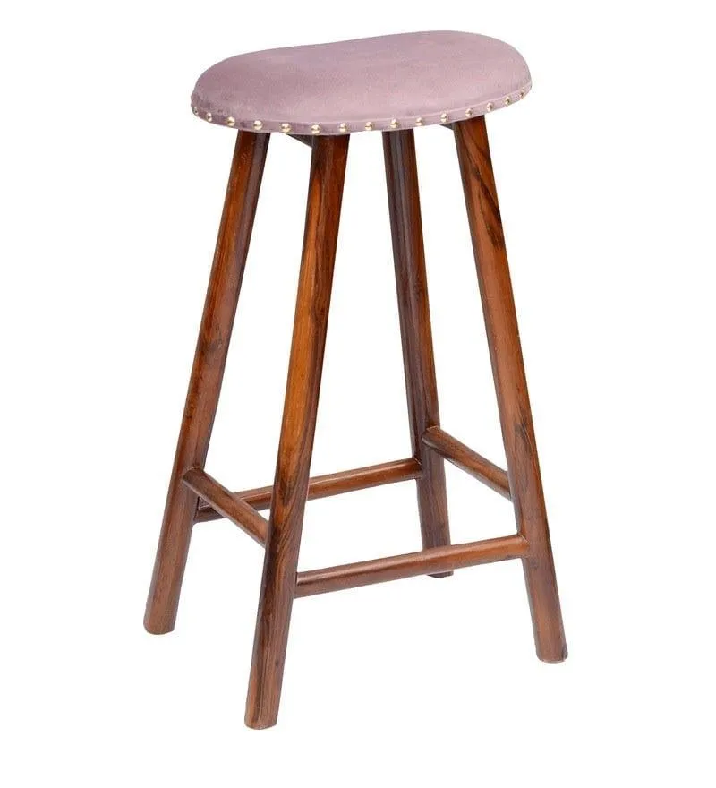 Bayern Mango Wood Bar Stool In Velvet Pink Colour