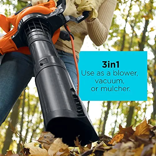 BLACK DECKER 3-in-1 Electric Leaf Blower, Leaf Vacuum/Mulcher, Corded, 12-Amp (BV6600)
