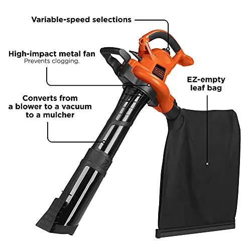 BLACK DECKER 3-in-1 Electric Leaf Blower, Leaf Vacuum/Mulcher, Corded, 12-Amp (BV6600)