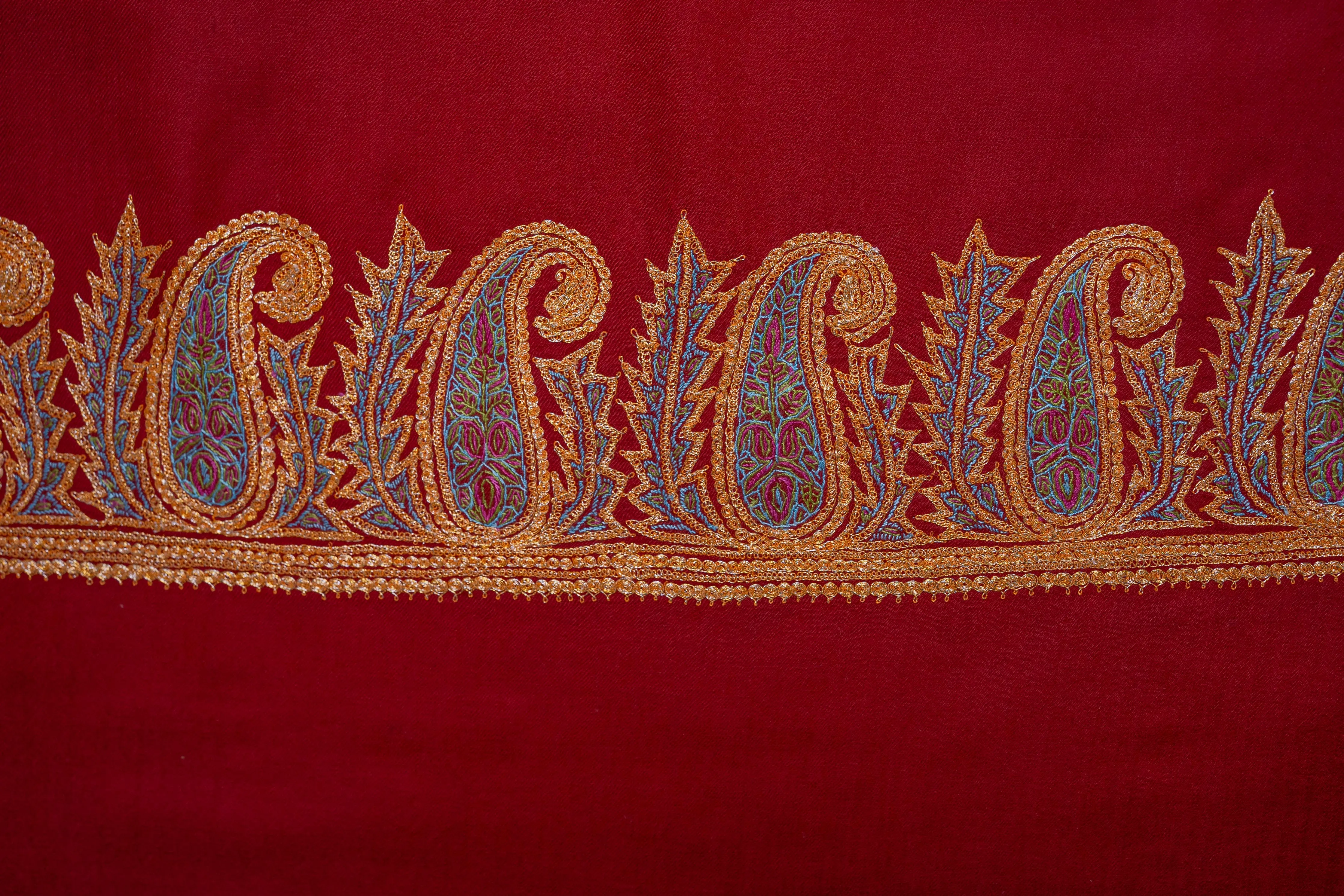 Crimson Majesty Merino Wool Shawl with Tilla & Sozni Borders