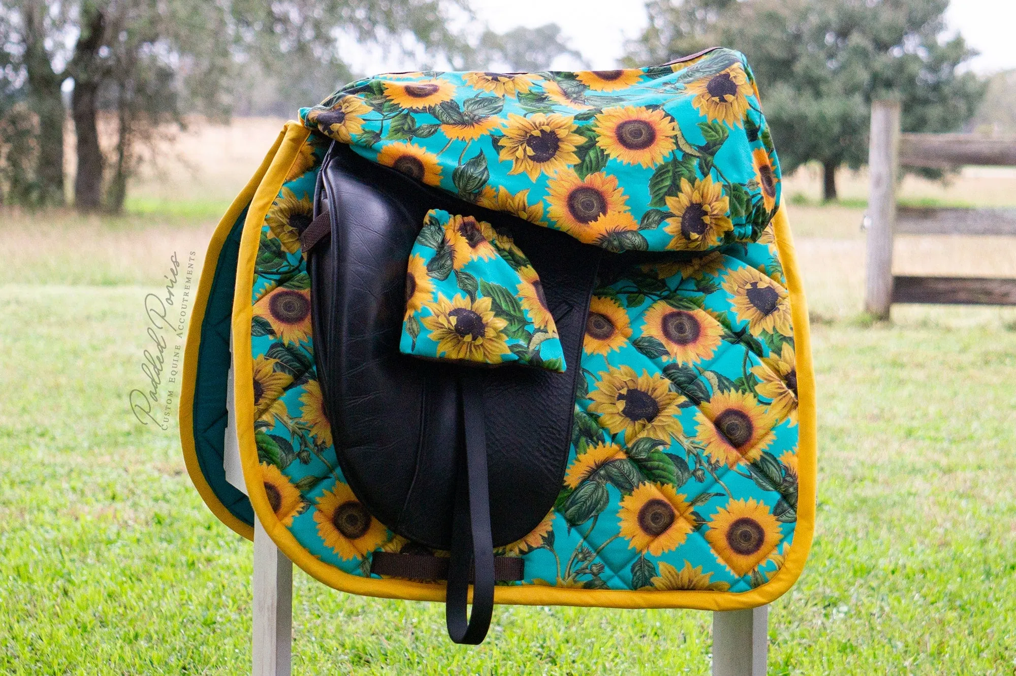 Custom Stirrup Covers Turquoise Sunflowers