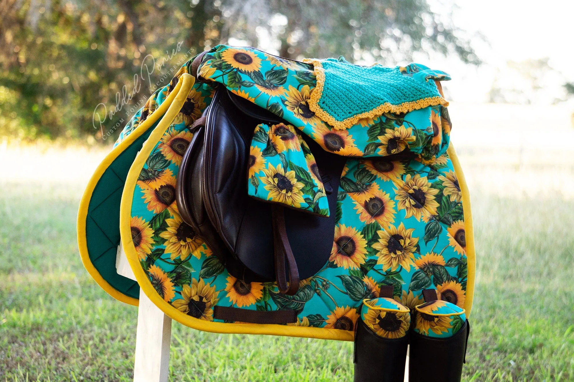 Custom Stirrup Covers Turquoise Sunflowers