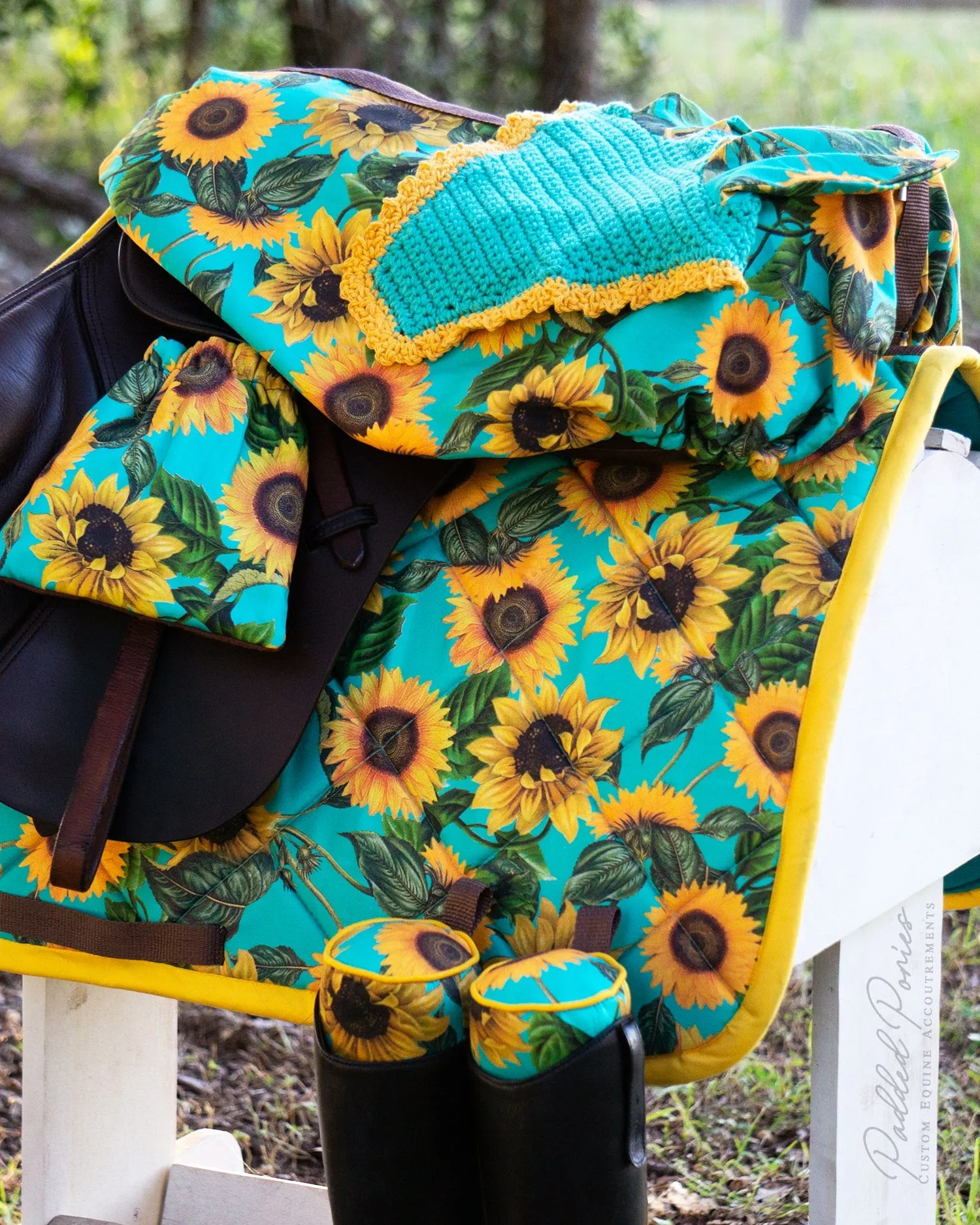 Custom Stirrup Covers Turquoise Sunflowers