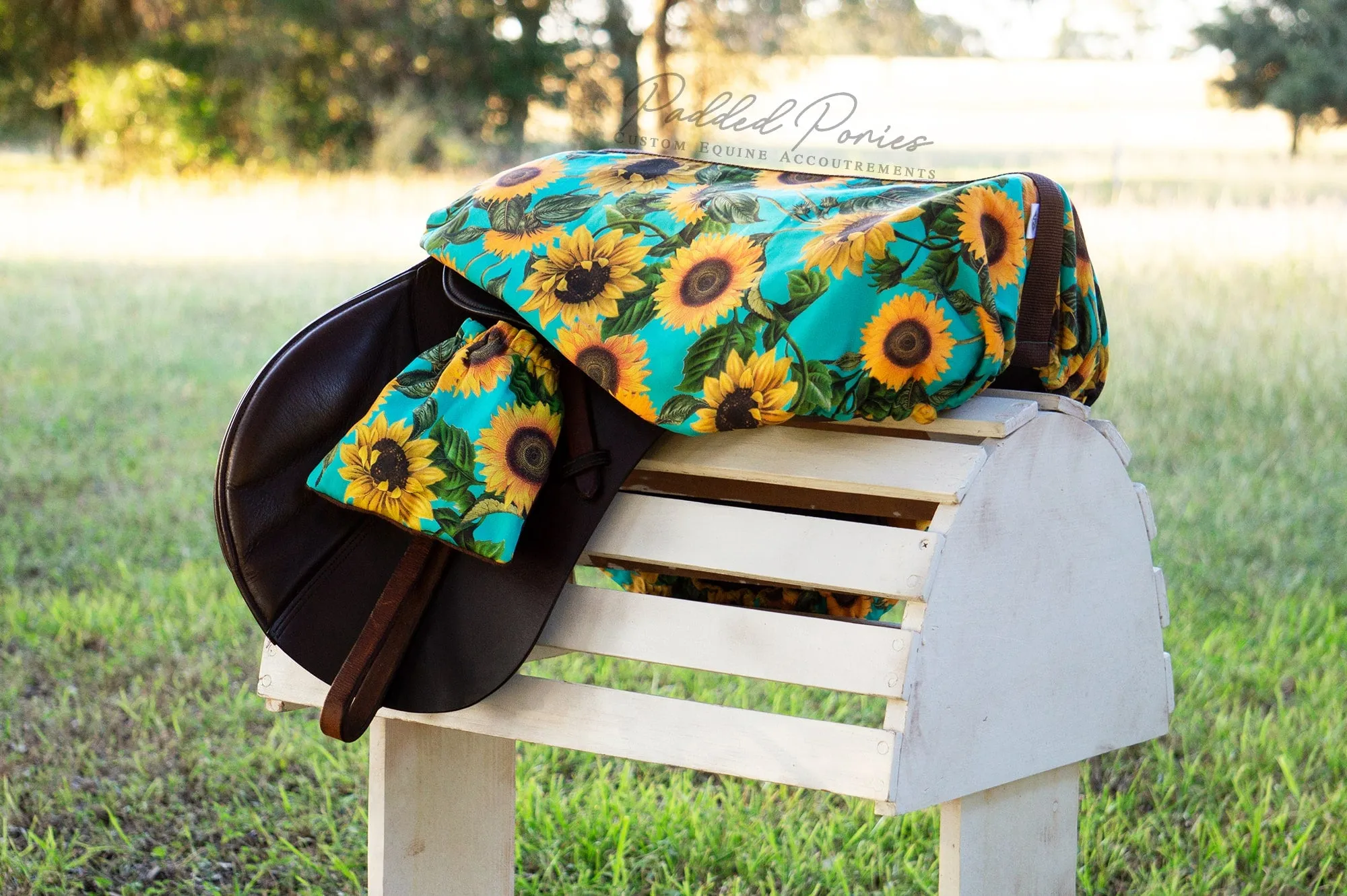 Custom Stirrup Covers Turquoise Sunflowers